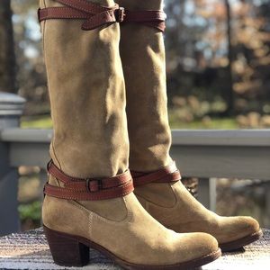 Preloved Frye Jane Strappy Suede Healed Tall Boot